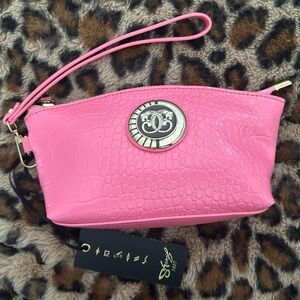 Sharif Pink Croc-Embossed Wristlet